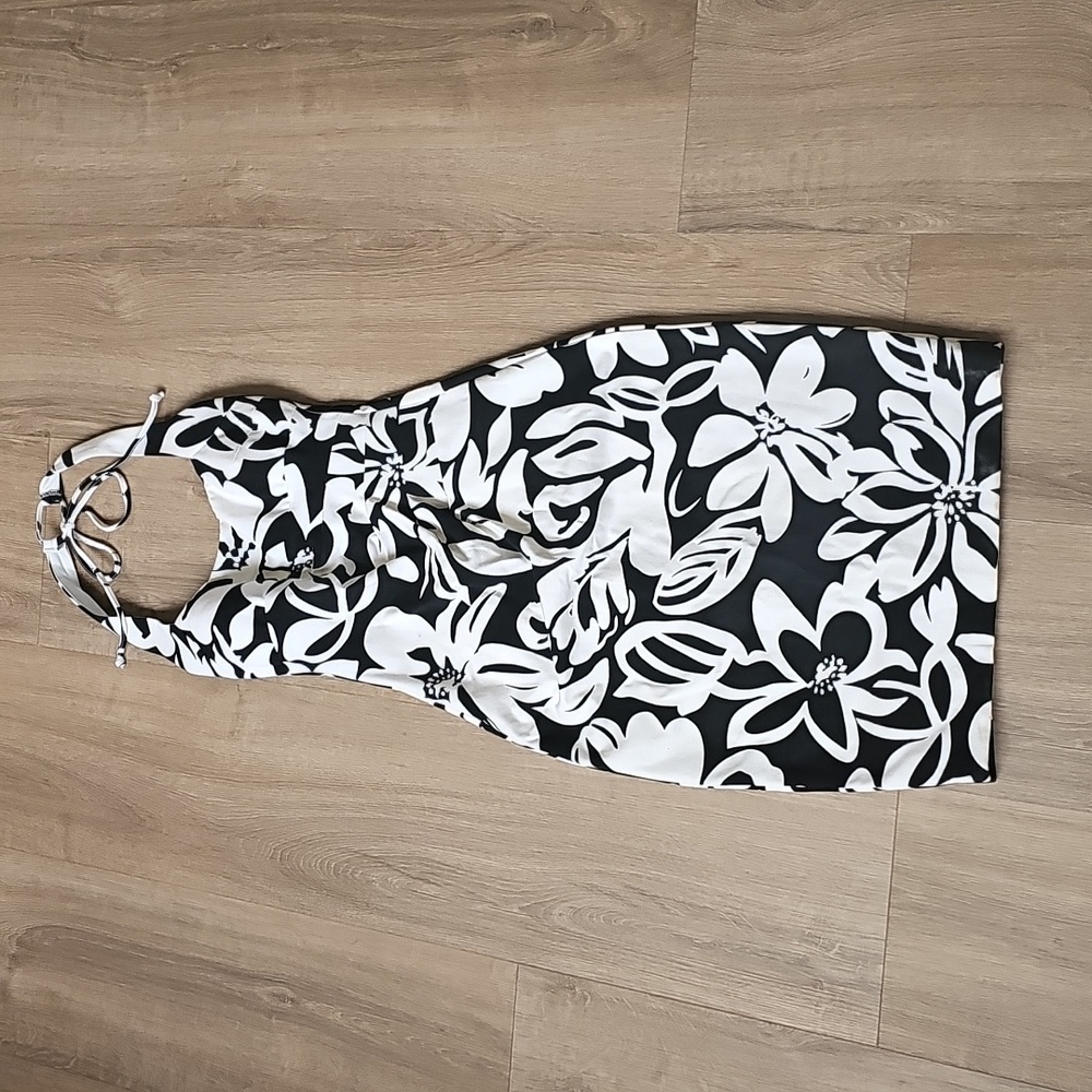 Cache Elegant White and Black Floral Halter Dress